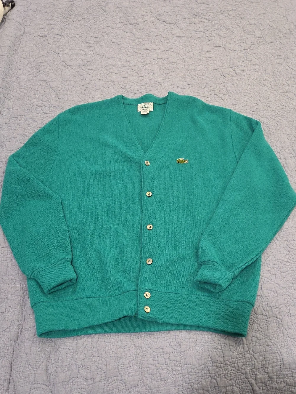 Vintage Lacoste Emerald Green Button V-Neck Cardigan Sz L, Excellent Condition!